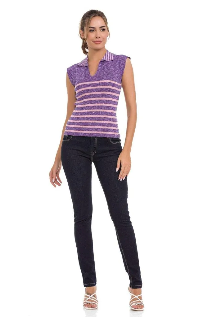 WT353 Polo Neck Striped Knitwear T-Shirt