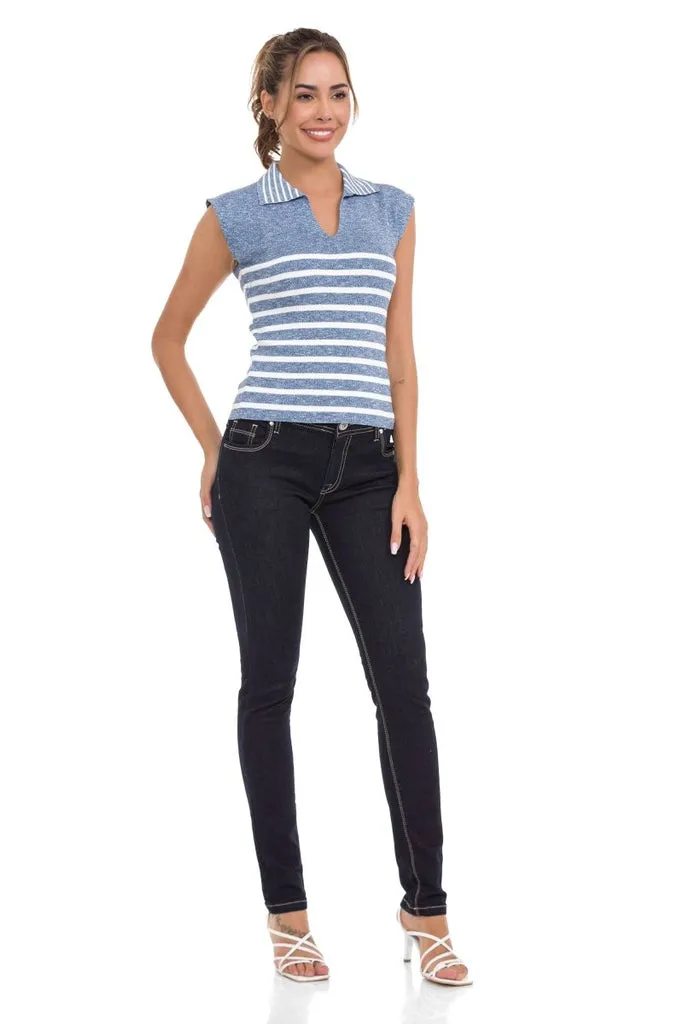 WT353 Polo Neck Striped Knitwear T-Shirt